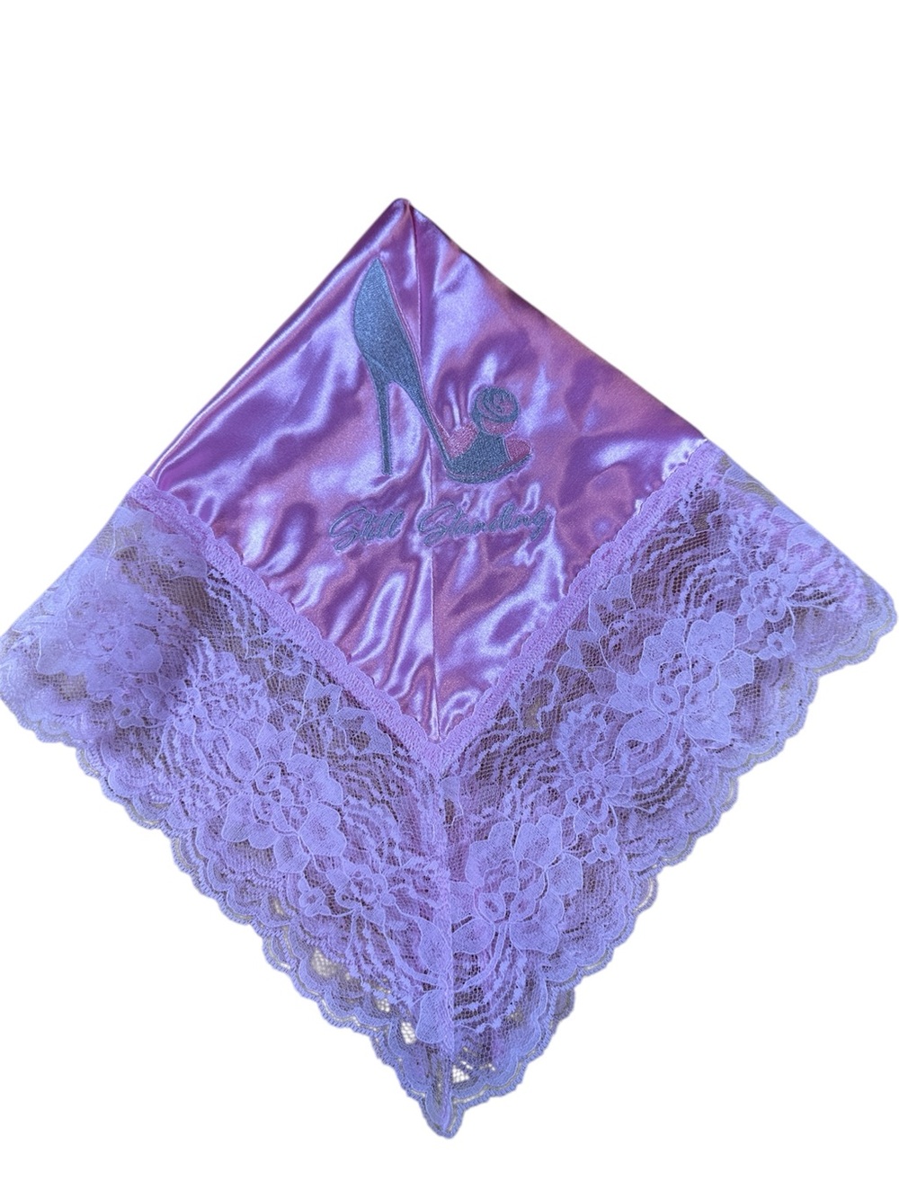 Pink Satin Embroidered Still Standing Church Handkerchief Pink Lace Trim